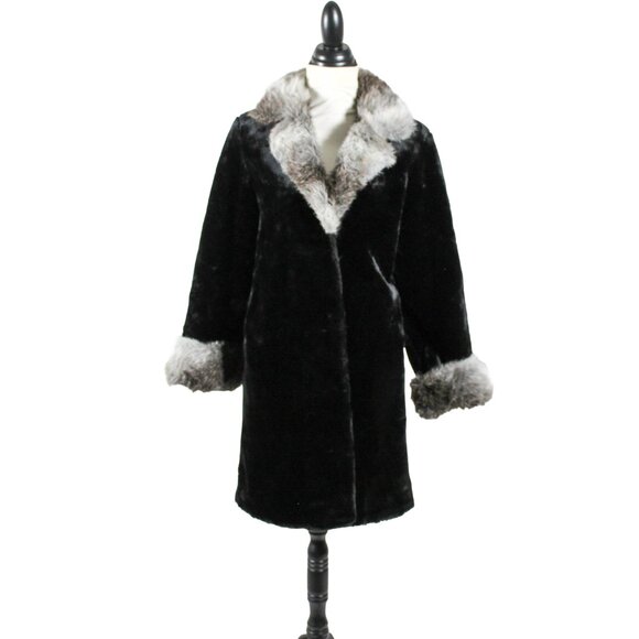 Vintage 1980s Dennis Basso Faux Fur Coat Black & Gray Mob Wife Aesthetic